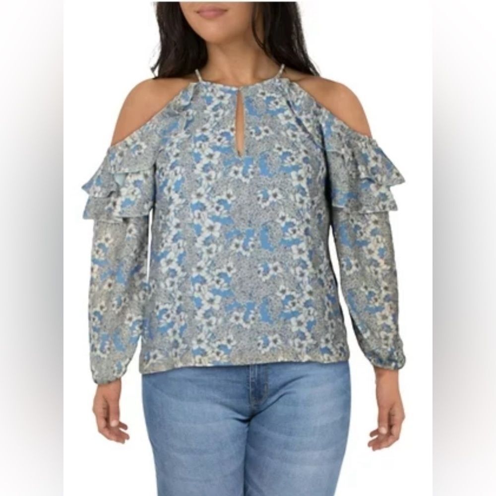Parker Cold Shoulder Ruffle Sleeve Key Hole Front Blouse